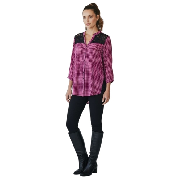 TORRID Plus Size Pink & black plaid lace button front blouse 2X - Picture 14 of 15